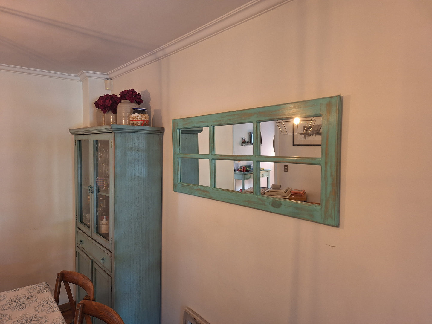 Espejo Pared Madera - Linea Ventanal Color Verde Agua