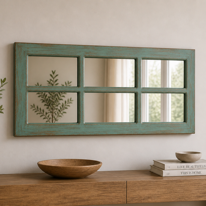 Espejo Pared Madera - Linea Ventanal Color Verde Agua