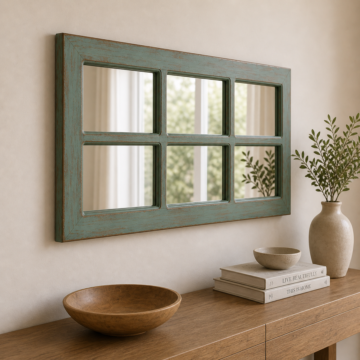 Espejo Pared Madera - Linea Ventanal Color Verde Agua